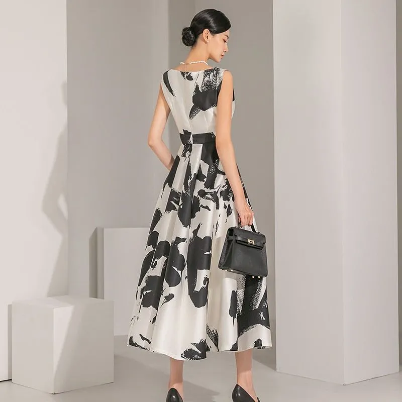 High Quality Summer Sleeveless Mid-Calf Length Women's Elegant O-Neck Retro A-Line Dress