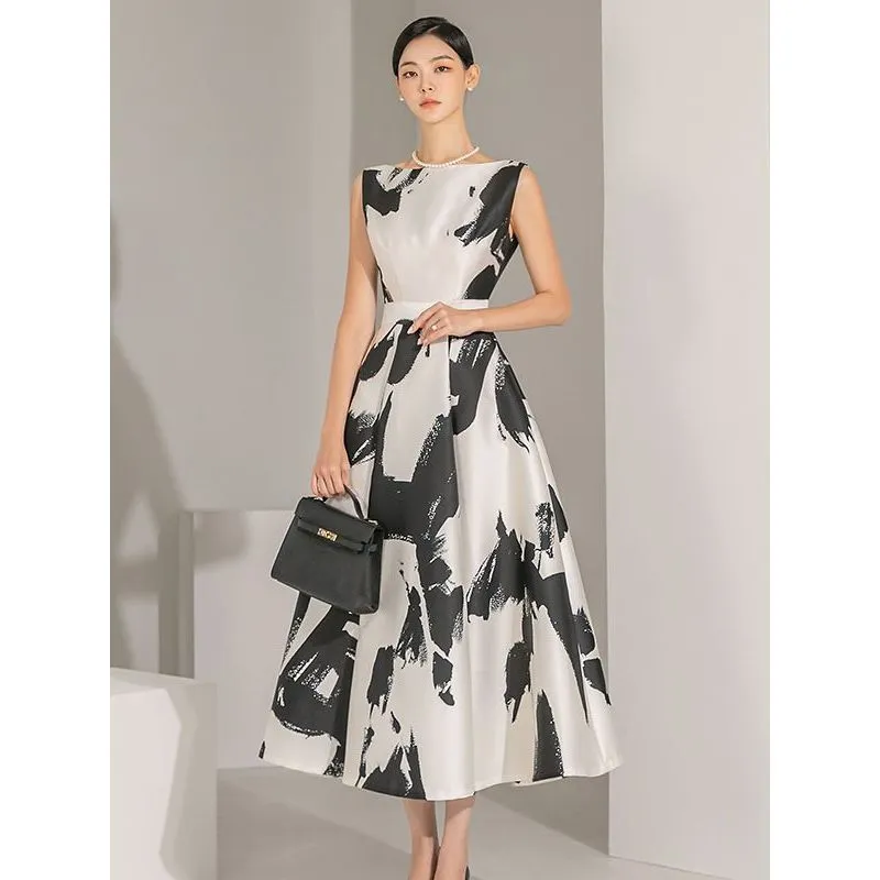 High Quality Summer Sleeveless Mid-Calf Length Women's Elegant O-Neck Retro A-Line Dress