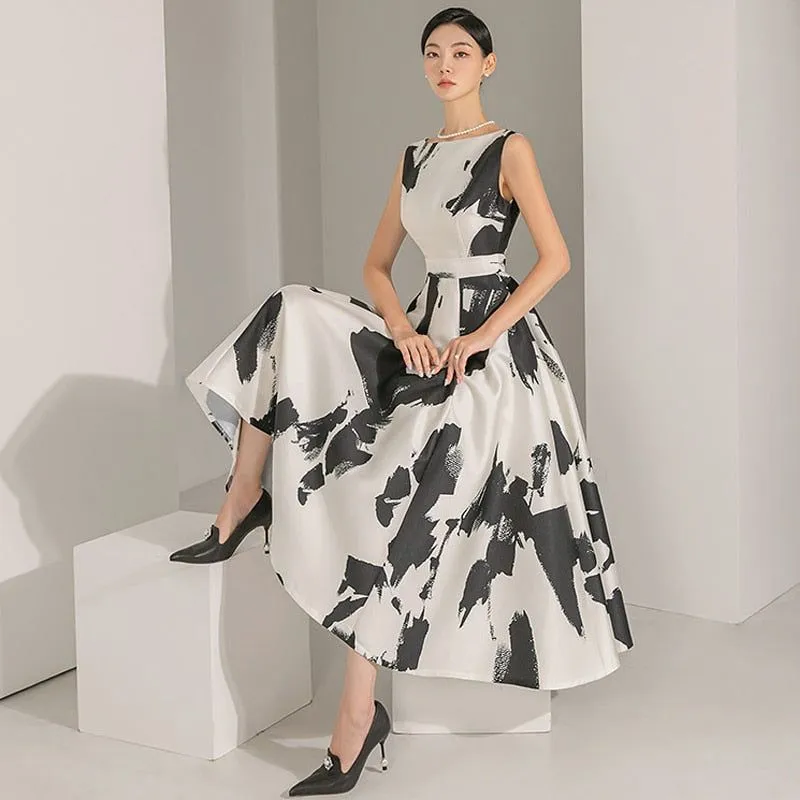 High Quality Summer Sleeveless Mid-Calf Length Women's Elegant O-Neck Retro A-Line Dress