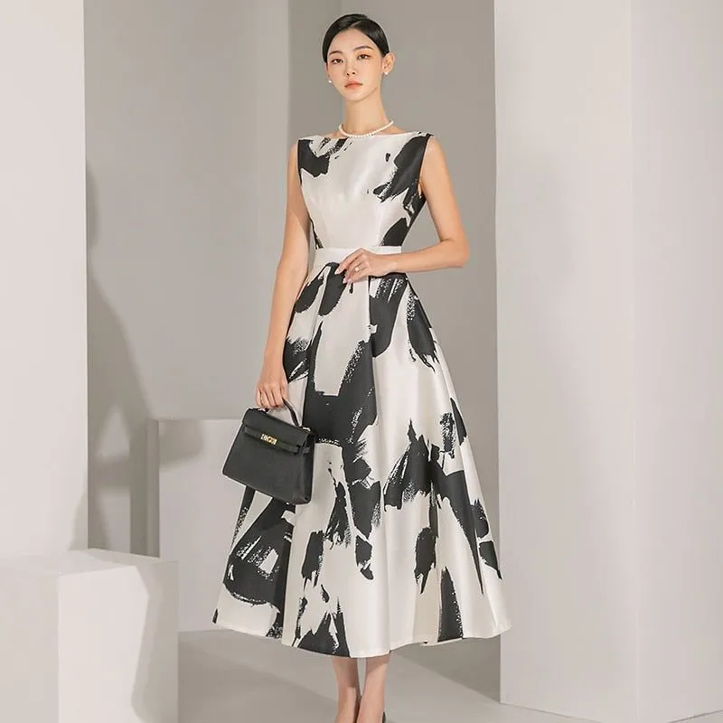 High Quality Summer Sleeveless Mid-Calf Length Women's Elegant O-Neck Retro A-Line Dress