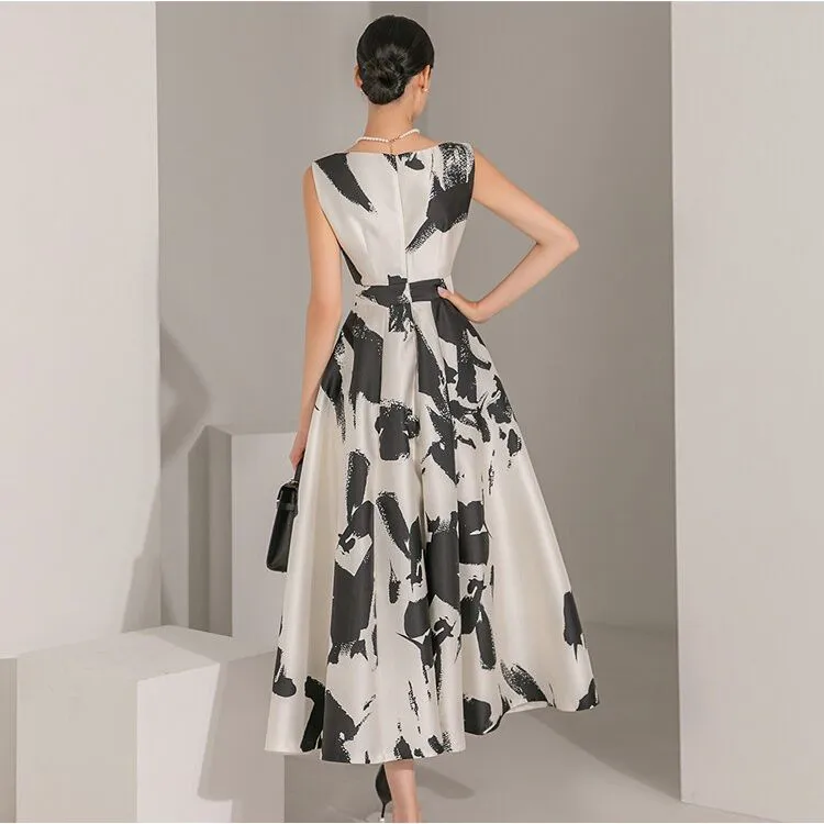 High Quality Summer Sleeveless Mid-Calf Length Women's Elegant O-Neck Retro A-Line Dress