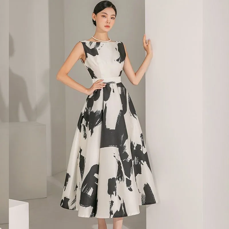 High Quality Summer Sleeveless Mid-Calf Length Women's Elegant O-Neck Retro A-Line Dress