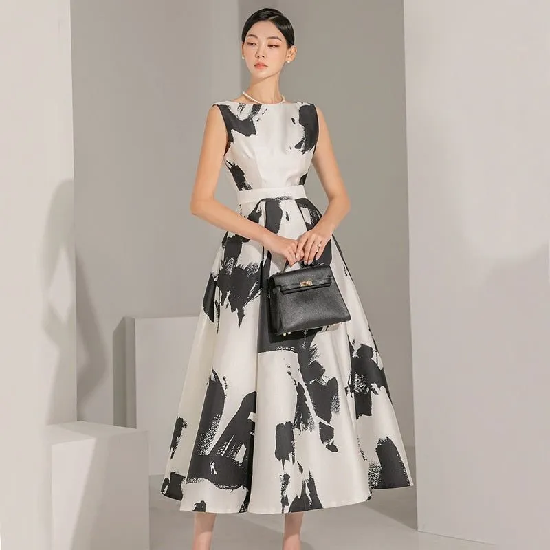 High Quality Summer Sleeveless Mid-Calf Length Women's Elegant O-Neck Retro A-Line Dress