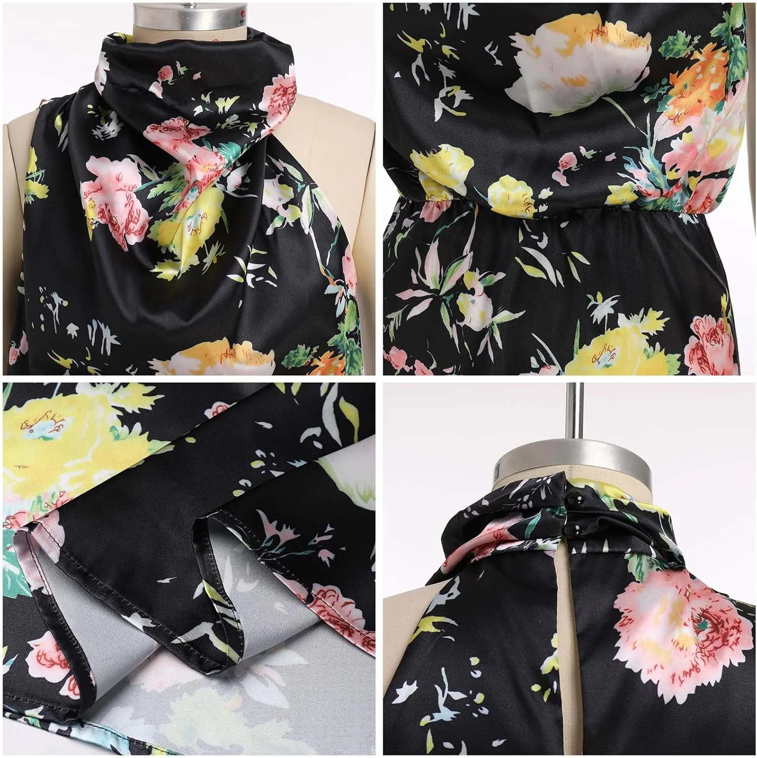 IDOPIP Women Formal Halter Satin Dress Floral Elegant Summer Bridesmaid Midi Dress Evening Party Cocktail Wedding Guest Dress