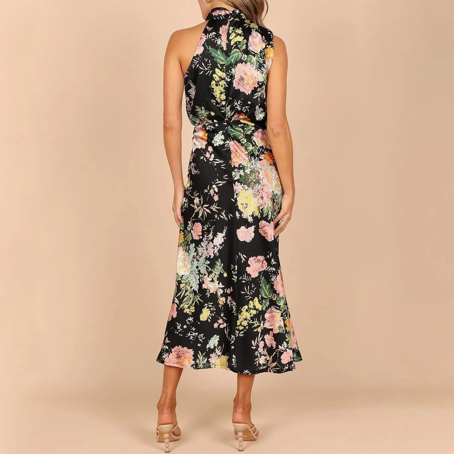 IDOPIP Women Formal Halter Satin Dress Floral Elegant Summer Bridesmaid Midi Dress Evening Party Cocktail Wedding Guest Dress
