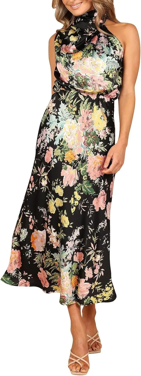 IDOPIP Women Formal Halter Satin Dress Floral Elegant Summer Bridesmaid Midi Dress Evening Party Cocktail Wedding Guest Dress