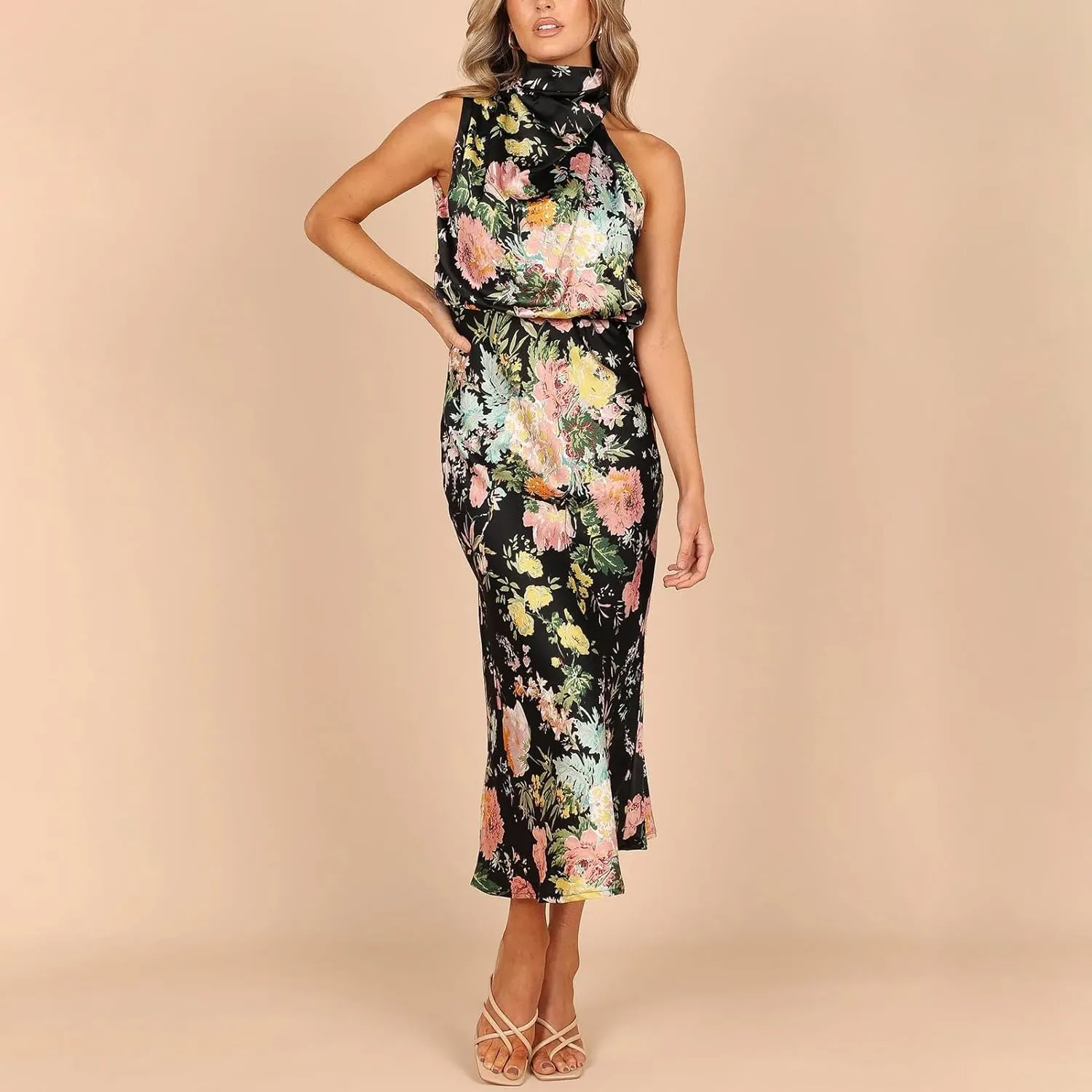 IDOPIP Women Formal Halter Satin Dress Floral Elegant Summer Bridesmaid Midi Dress Evening Party Cocktail Wedding Guest Dress