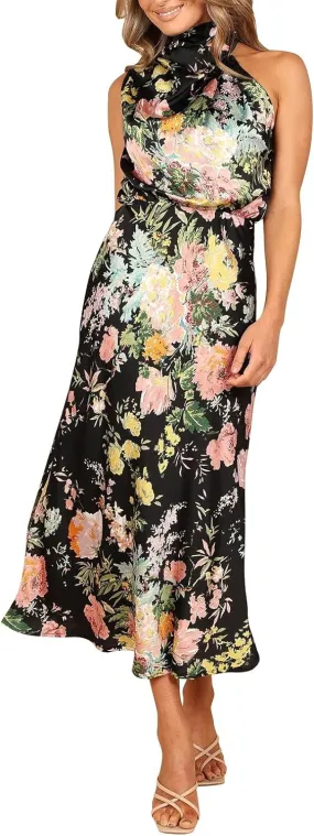 IDOPIP Women Formal Halter Satin Dress Floral Elegant Summer Bridesmaid Midi Dress Evening Party Cocktail Wedding Guest Dress