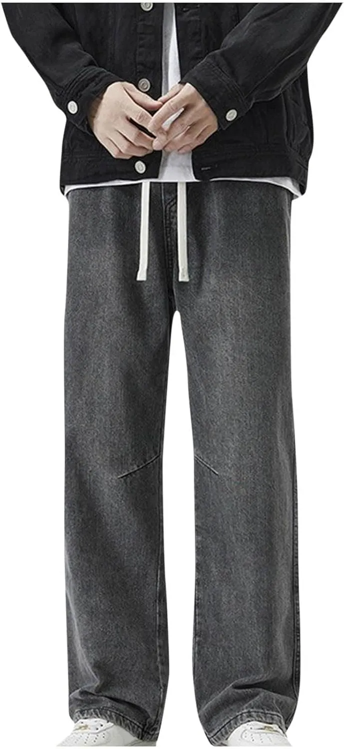Jeans for Men Drawstring Elastic Waist Loose Jeans Relaxed Fit 90s Retro Straight Leg Denim Pant Plus Size Lounge Jeans