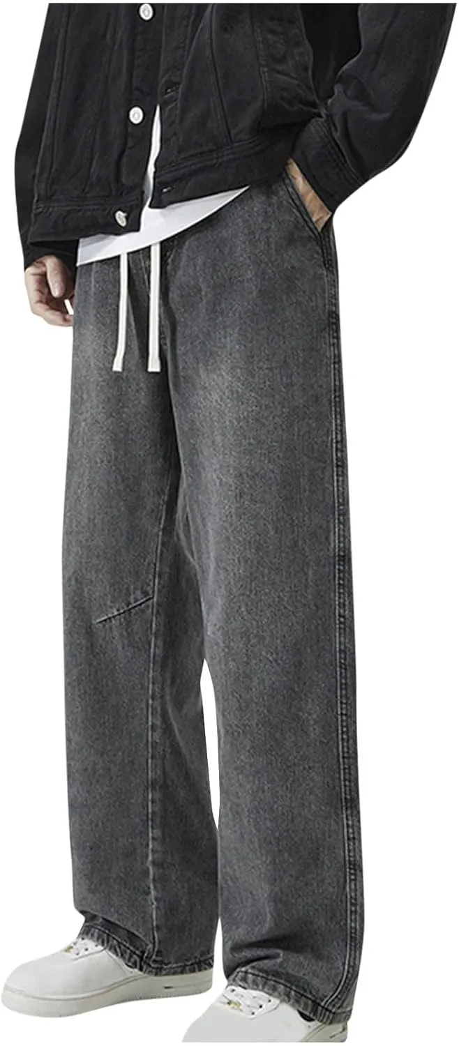 Jeans for Men Drawstring Elastic Waist Loose Jeans Relaxed Fit 90s Retro Straight Leg Denim Pant Plus Size Lounge Jeans