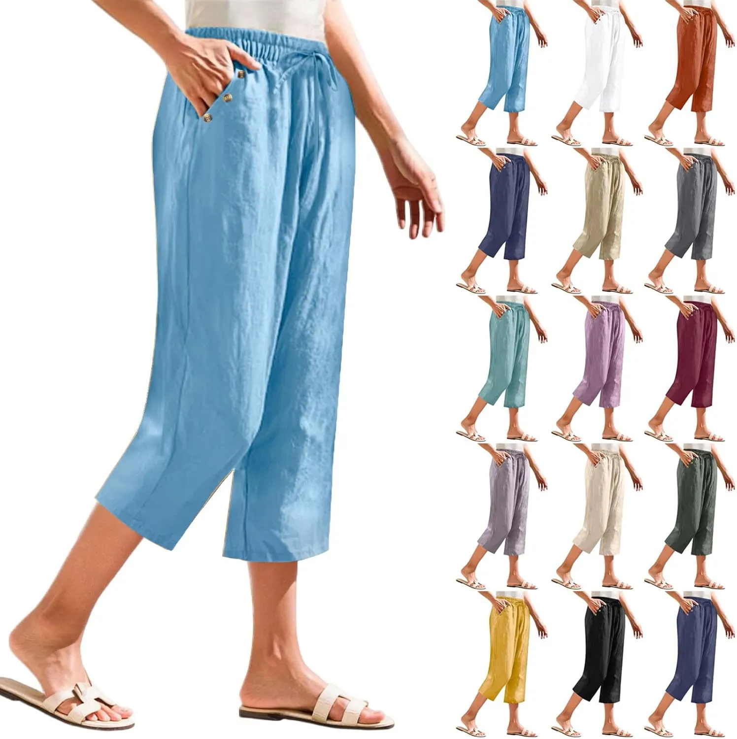 Linen Capri Pants for Women Soft Breathable Wrinkle Free Plus Size Wide Leg Trousers Elastic Drawstring Waist Pants