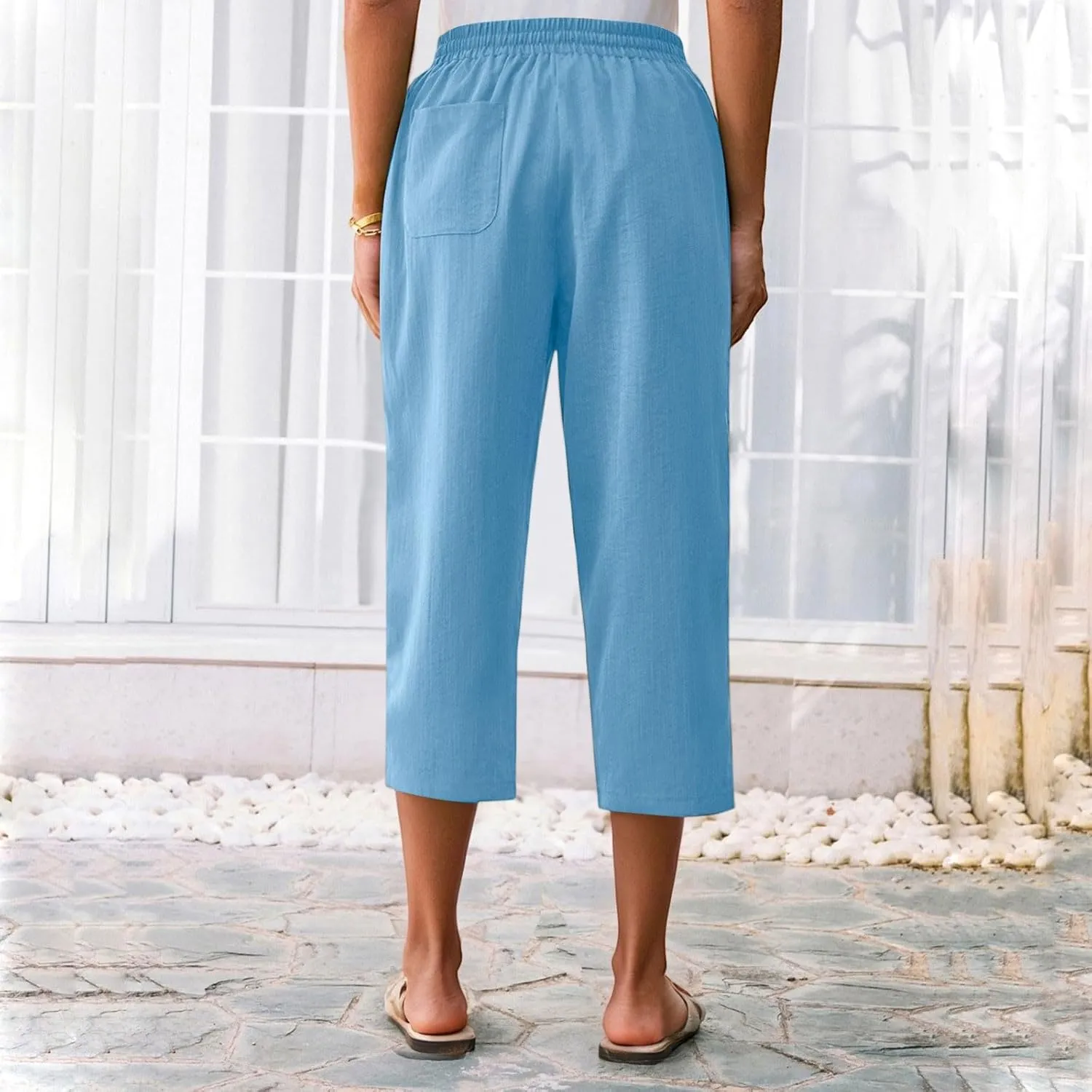 Linen Capri Pants for Women Soft Breathable Wrinkle Free Plus Size Wide Leg Trousers Elastic Drawstring Waist Pants