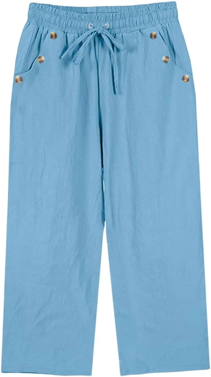 Linen Capri Pants for Women Soft Breathable Wrinkle Free Plus Size Wide Leg Trousers Elastic Drawstring Waist Pants