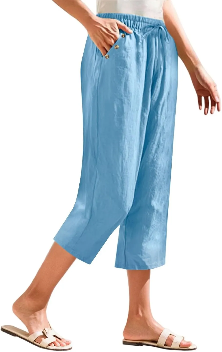 Linen Capri Pants for Women Soft Breathable Wrinkle Free Plus Size Wide Leg Trousers Elastic Drawstring Waist Pants