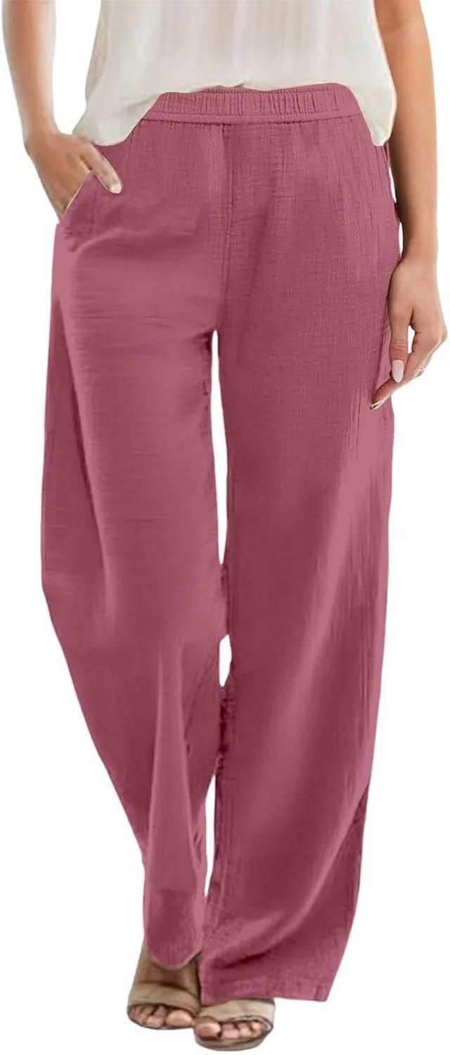 Linen Pants Women Straight Wide Leg Trousers Loose Flowy Casual Pants Lightweight Breathable Trousers