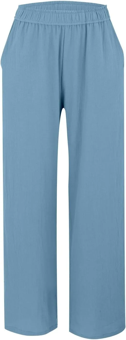 Linen Pants Women Straight Wide Leg Trousers Loose Flowy Casual Pants Lightweight Breathable Trousers