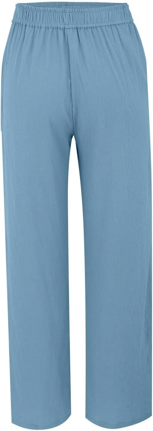 Linen Pants Women Straight Wide Leg Trousers Loose Flowy Casual Pants Lightweight Breathable Trousers