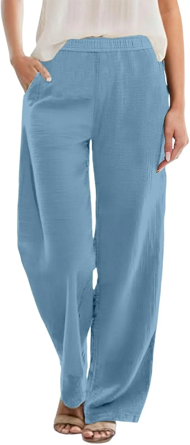 Linen Pants Women Straight Wide Leg Trousers Loose Flowy Casual Pants Lightweight Breathable Trousers