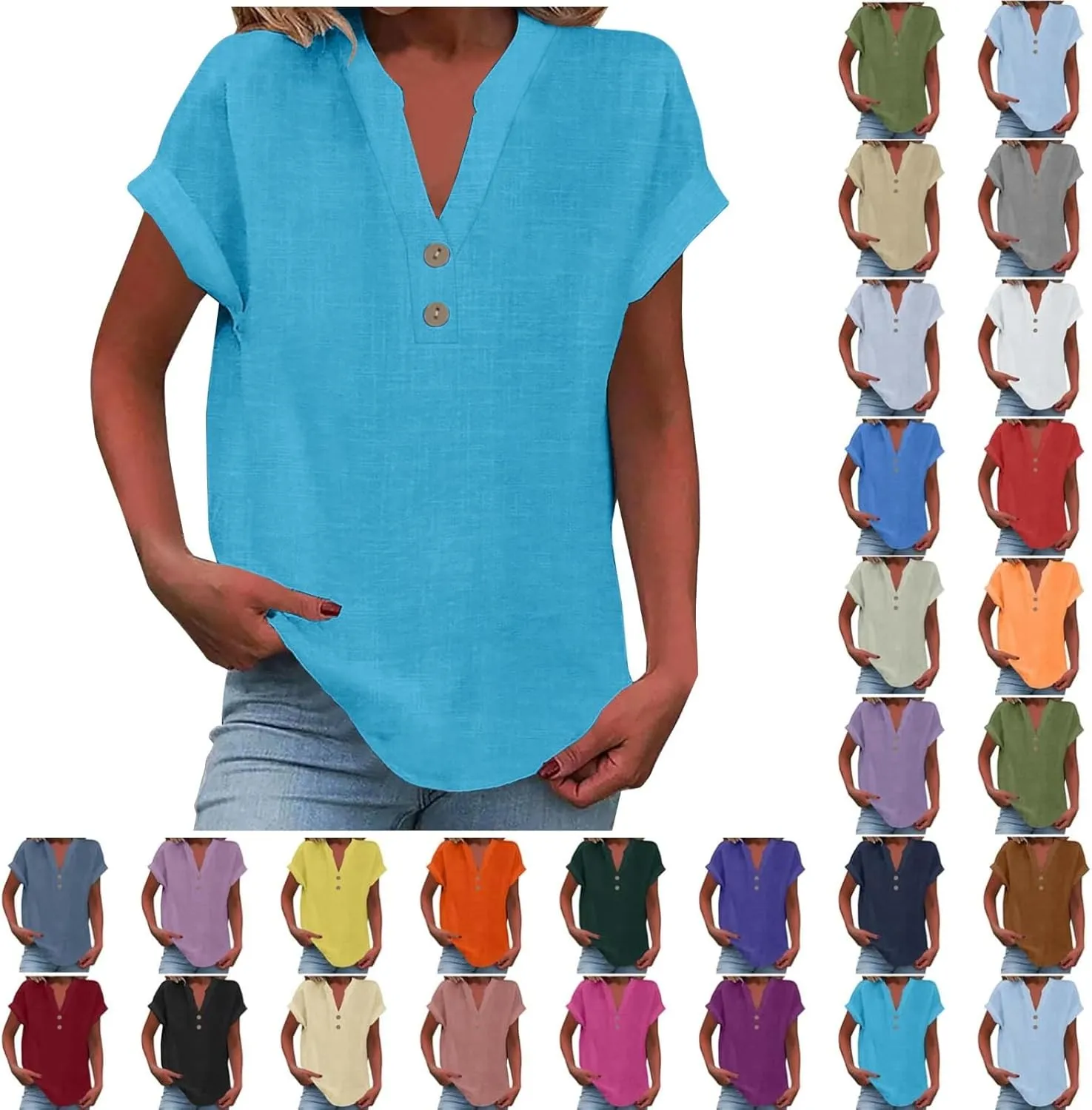 Linen Shirt for Women Summer Button Down Short Sleeve V Neck Tops Solid Color Comfy Blouses Casual Dressy Tunic Top