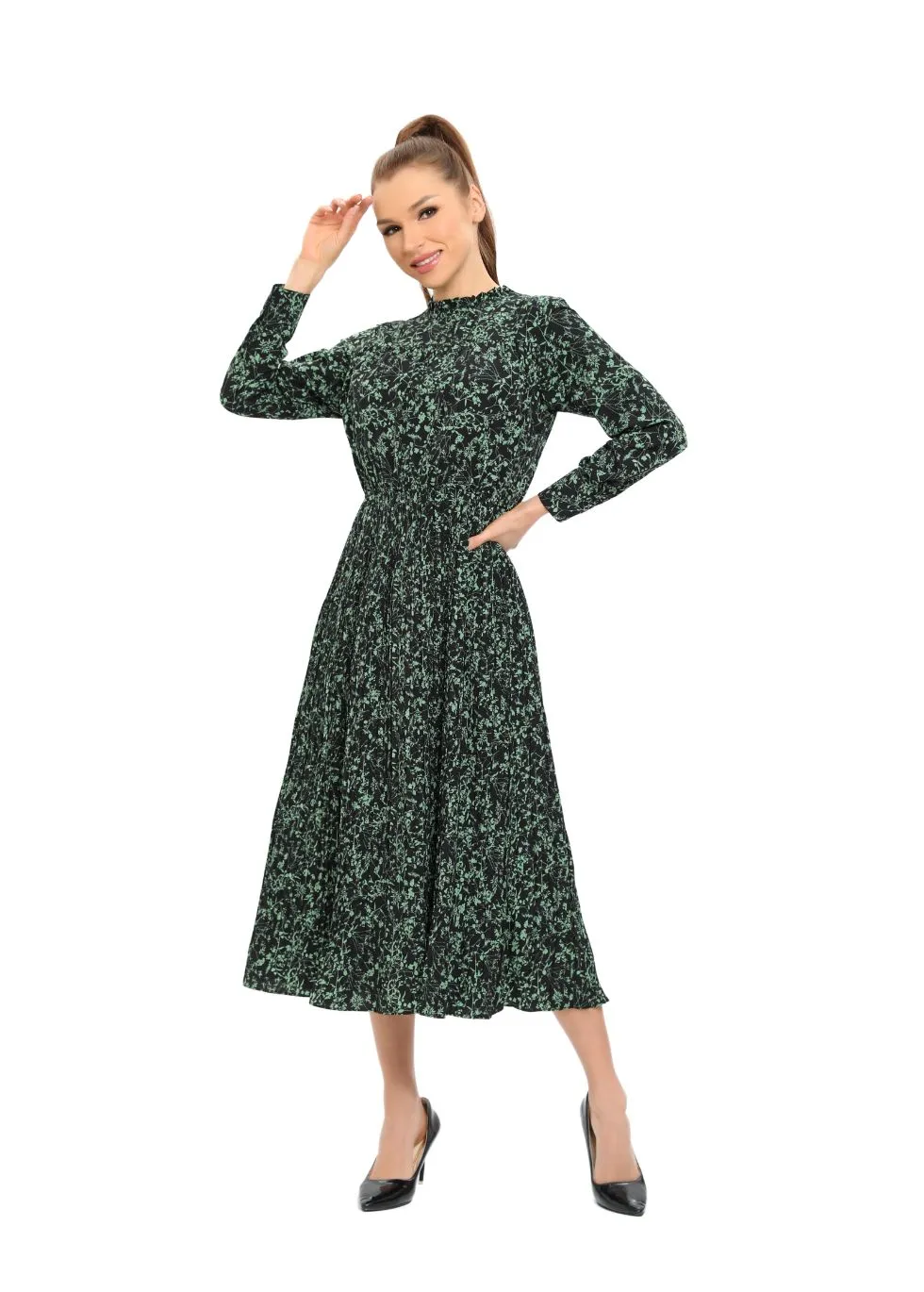 Long Sleeve Micro Pleated Skirt Midi Dress