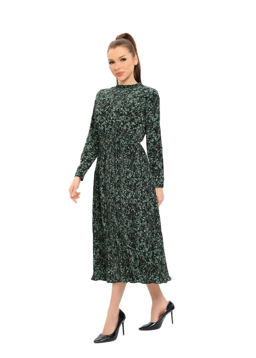 Long Sleeve Micro Pleated Skirt Midi Dress