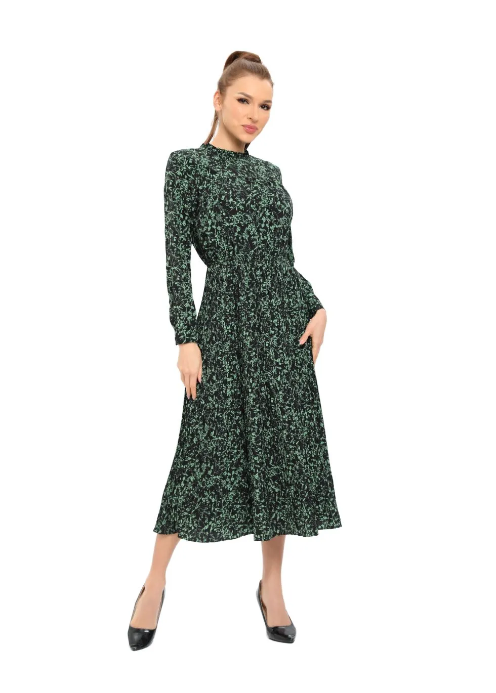 Long Sleeve Micro Pleated Skirt Midi Dress