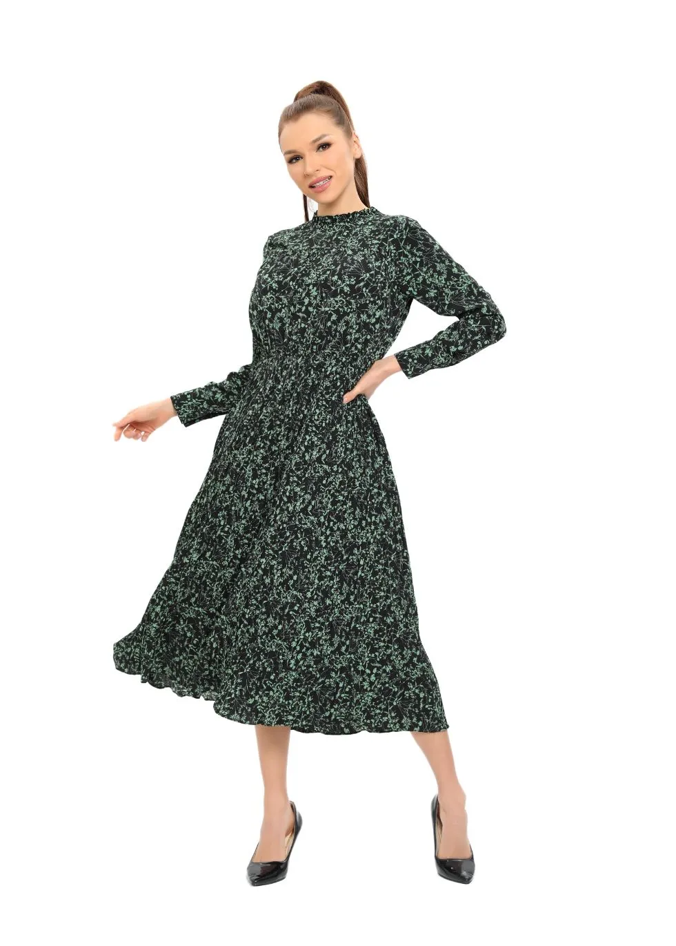 Long Sleeve Micro Pleated Skirt Midi Dress