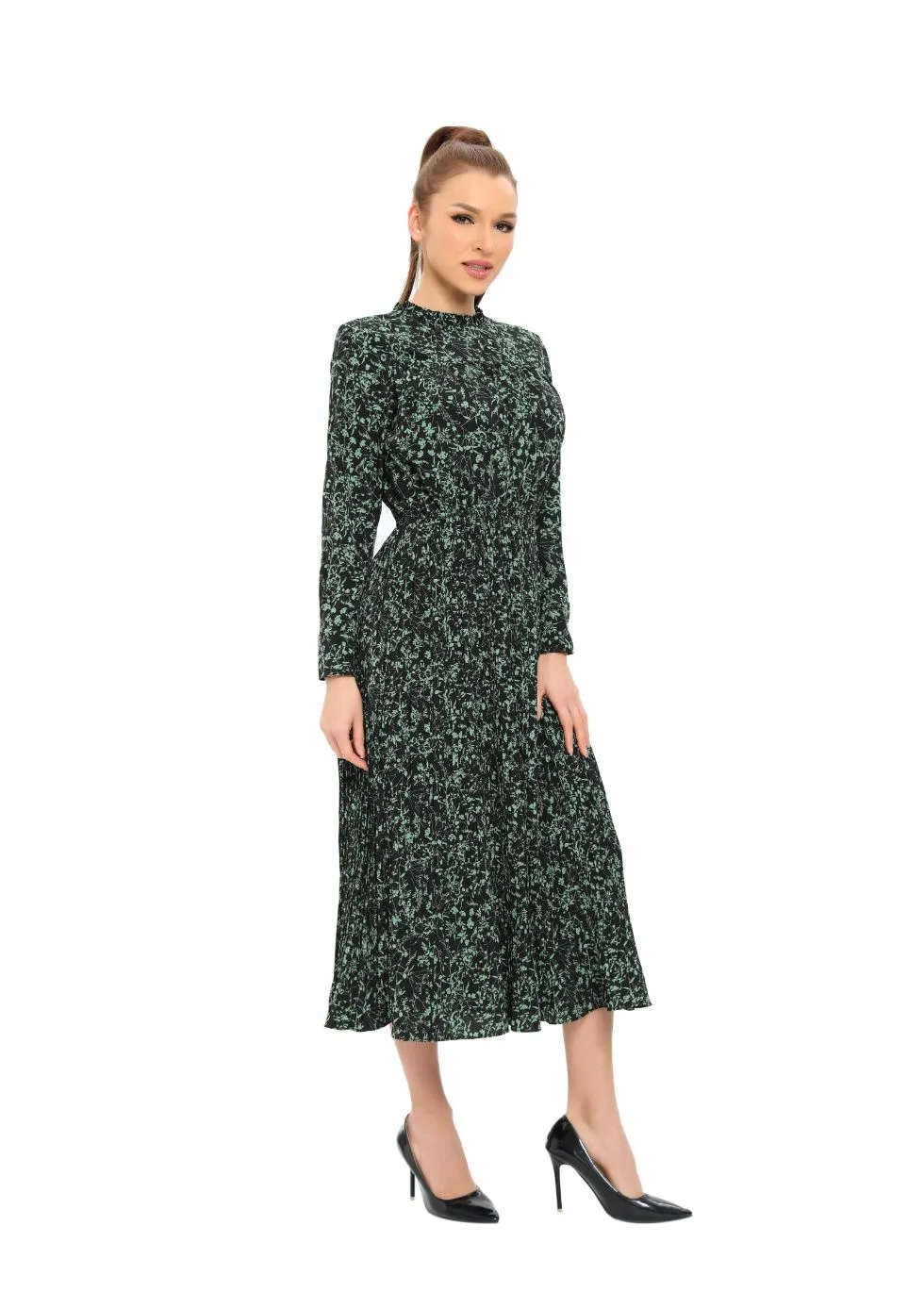 Long Sleeve Micro Pleated Skirt Midi Dress