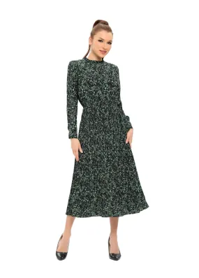 Long Sleeve Micro Pleated Skirt Midi Dress