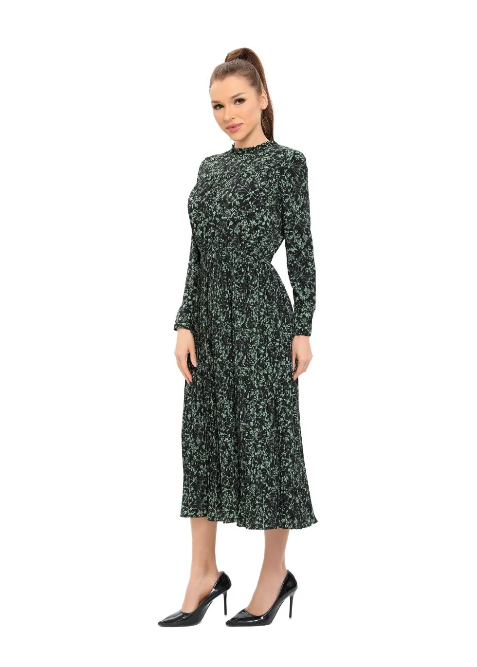 Long Sleeve Micro Pleated Skirt Midi Dress