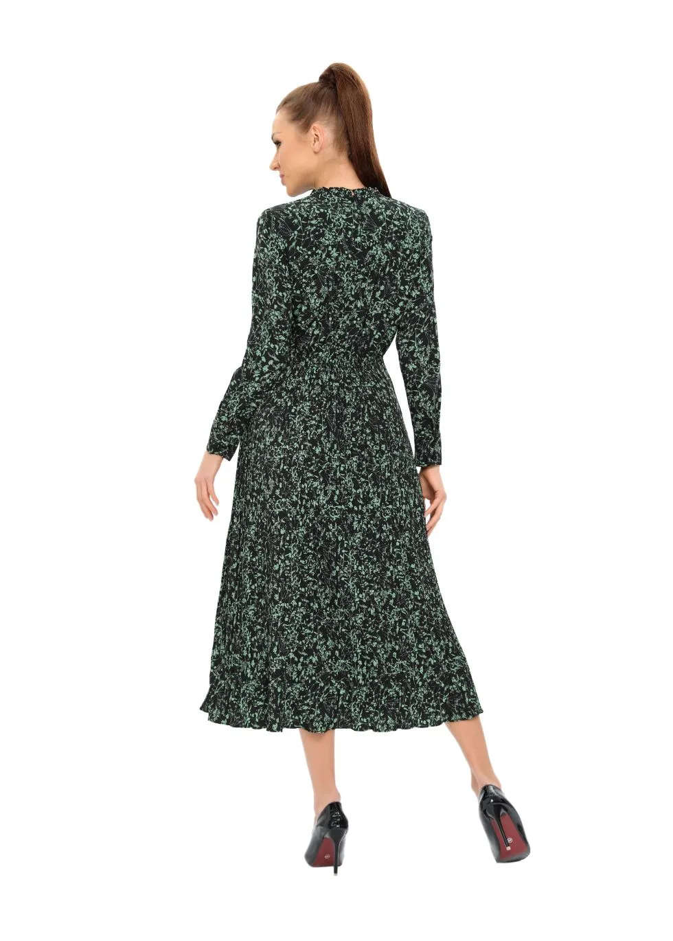 Long Sleeve Micro Pleated Skirt Midi Dress