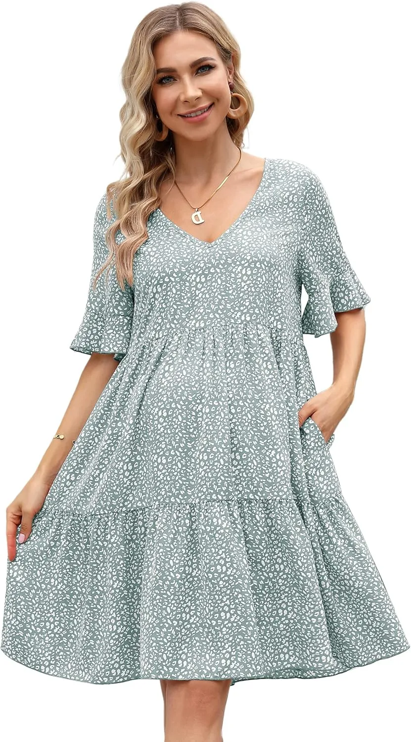 Maternity Dress Womens Casual Babydoll Dress Ruffle Short Sleeve V Neck Floral Printed Flowy Mini Short Tunic Dress