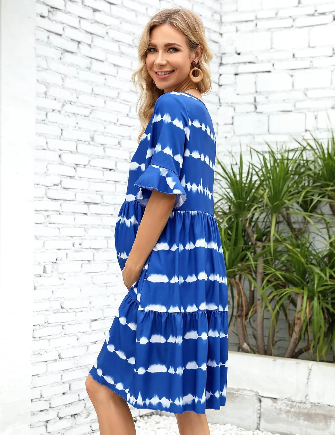Maternity Dress Womens Casual Babydoll Dress Ruffle Short Sleeve V Neck Floral Printed Flowy Mini Short Tunic Dress