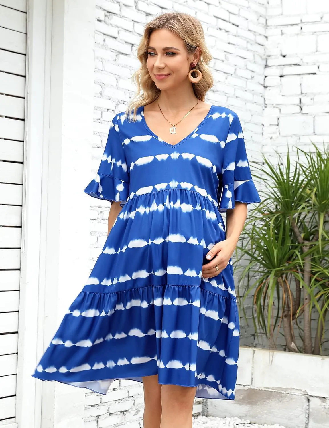 Maternity Dress Womens Casual Babydoll Dress Ruffle Short Sleeve V Neck Floral Printed Flowy Mini Short Tunic Dress