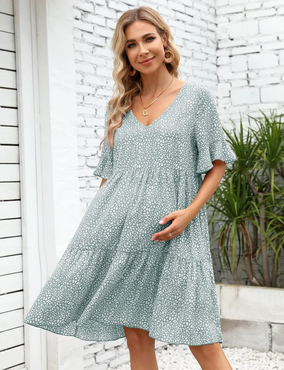 Maternity Dress Womens Casual Babydoll Dress Ruffle Short Sleeve V Neck Floral Printed Flowy Mini Short Tunic Dress