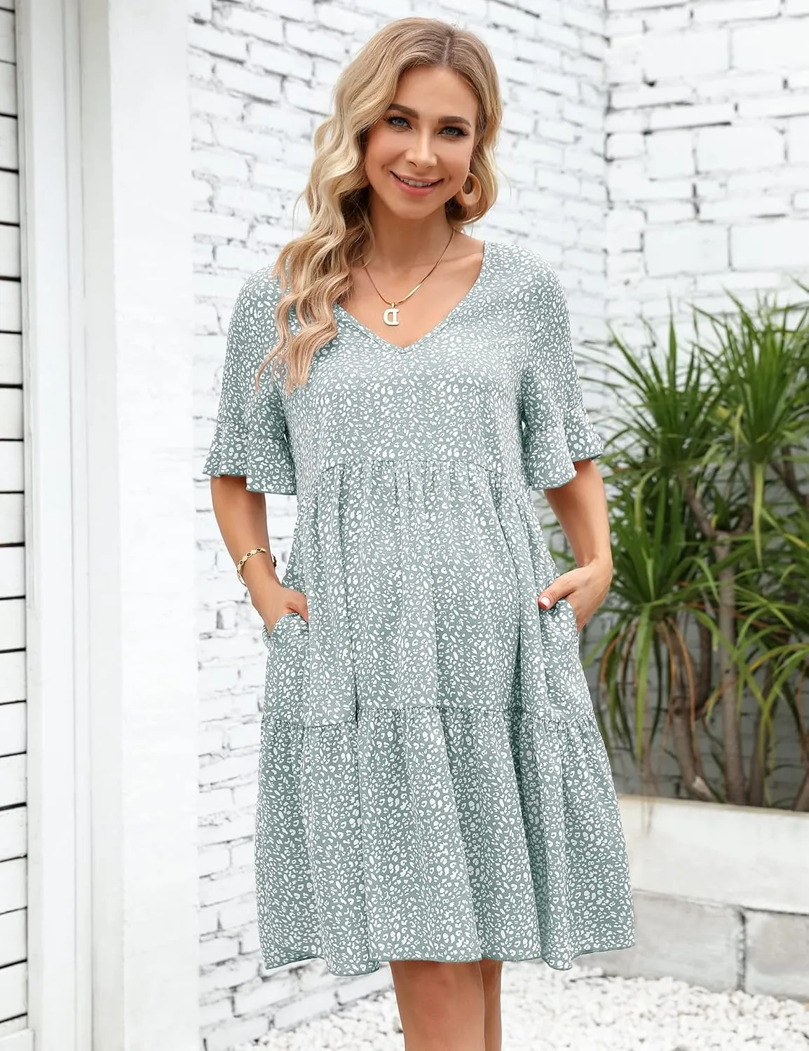 Maternity Dress Womens Casual Babydoll Dress Ruffle Short Sleeve V Neck Floral Printed Flowy Mini Short Tunic Dress