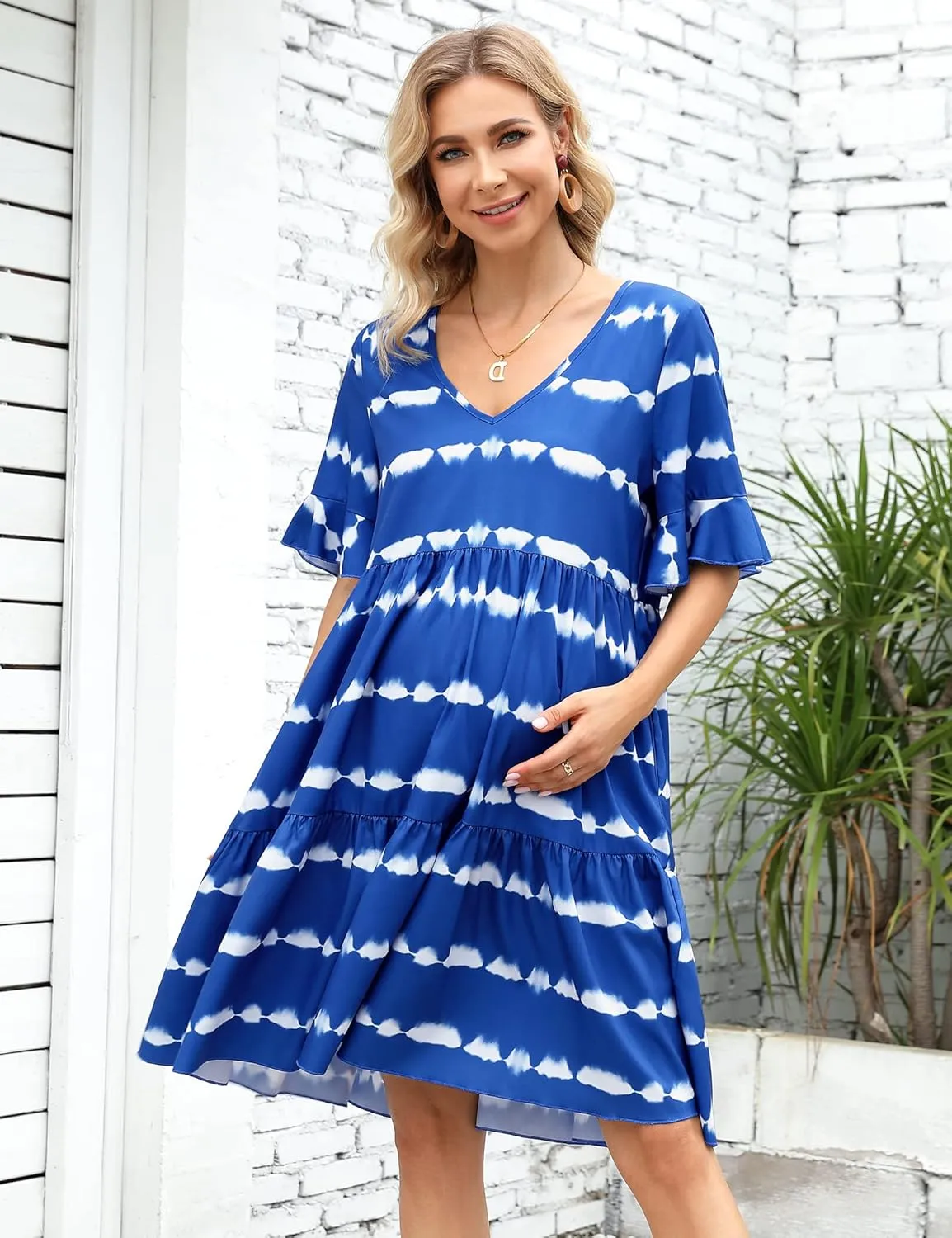 Maternity Dress Womens Casual Babydoll Dress Ruffle Short Sleeve V Neck Floral Printed Flowy Mini Short Tunic Dress