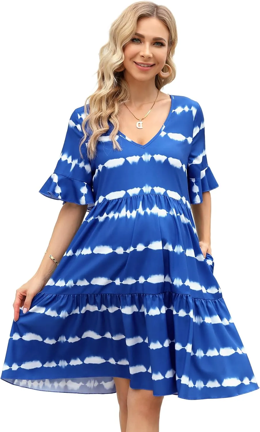 Maternity Dress Womens Casual Babydoll Dress Ruffle Short Sleeve V Neck Floral Printed Flowy Mini Short Tunic Dress