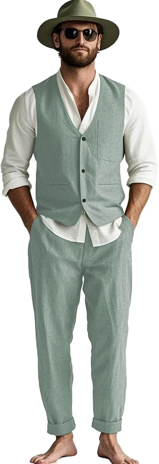 Men Linen Suit Vest Pants Summer Suit Set Lightweight Casual Style Slim Fit Stylish Wedding 2 Pieces Chic Stylish