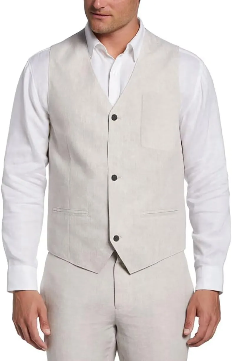 Men Linen Suit Vest Pants Summer Suit Set Lightweight Casual Style Slim Fit Stylish Wedding 2 Pieces Chic Stylish