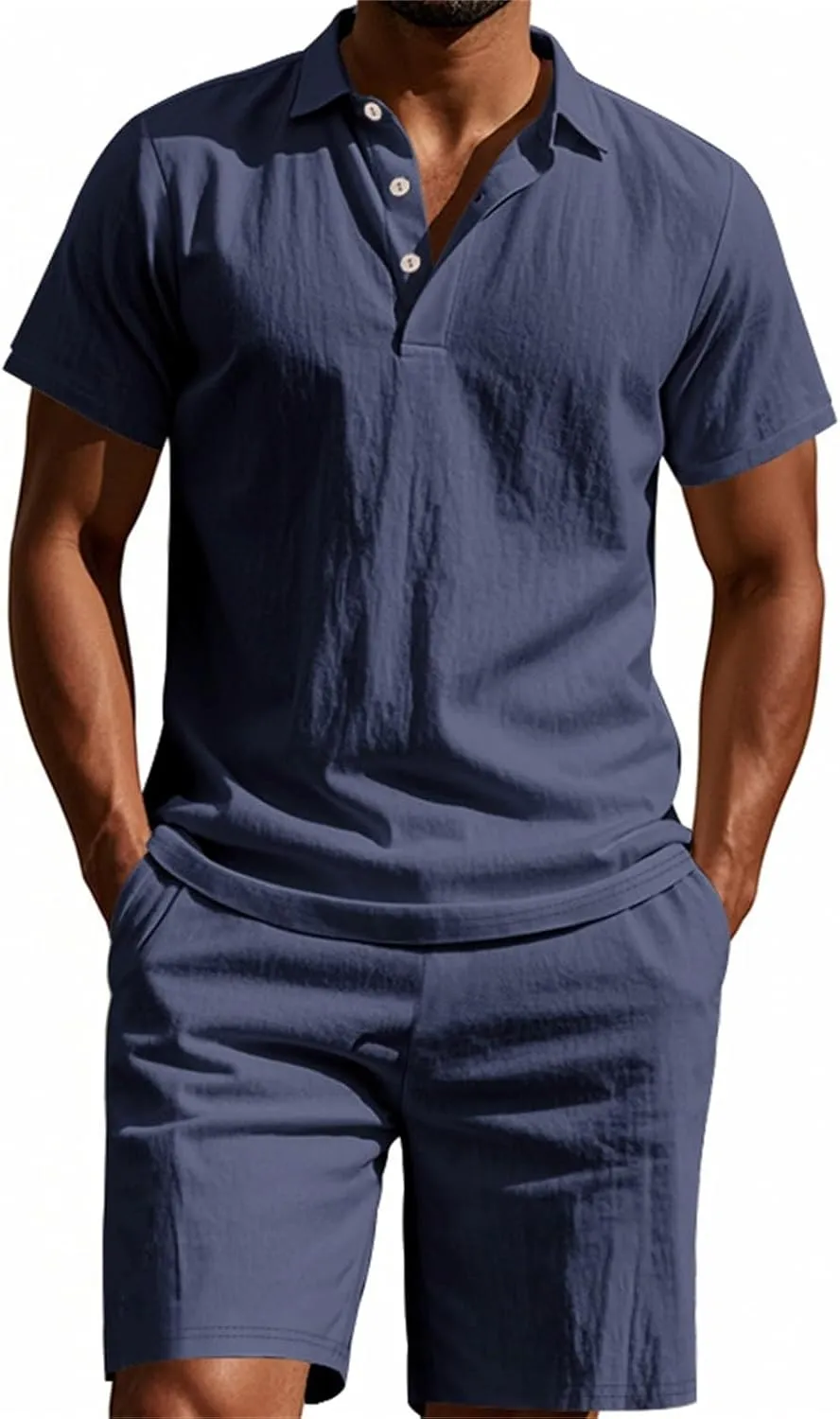 Men's 2 Pieces Linen Sets Casual Button Up Collared Polo Shirts and Shorts Summer Vacation Beach Yoga Pants Outfits