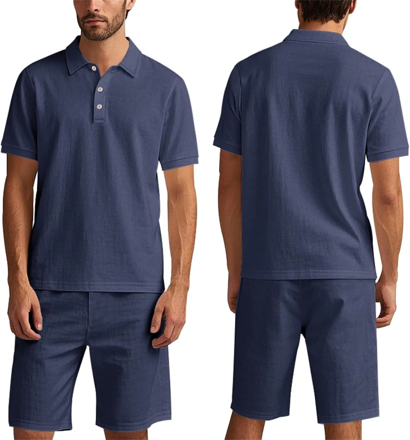 Men's 2 Pieces Linen Sets Casual Button Up Collared Polo Shirts and Shorts Summer Vacation Beach Yoga Pants Outfits