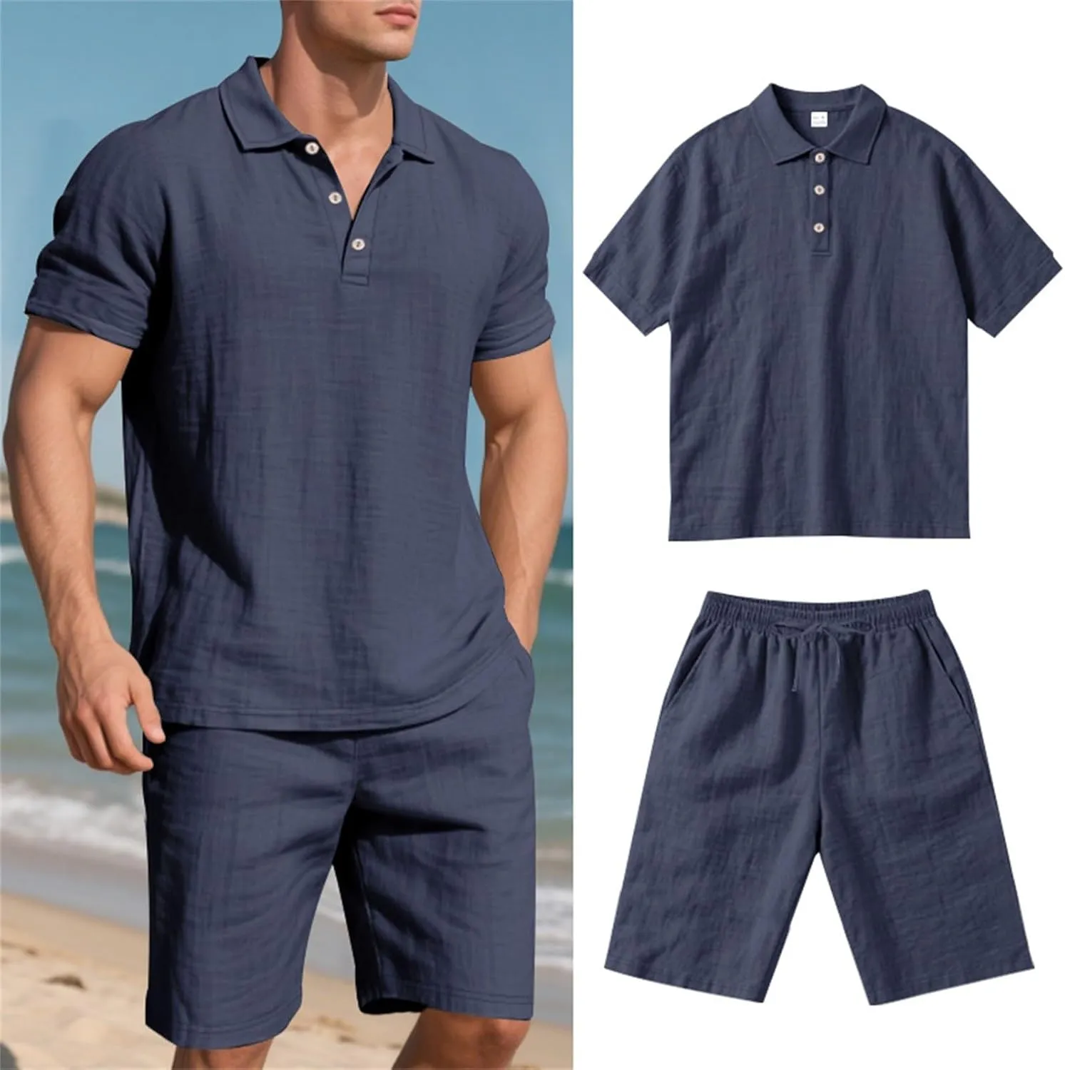 Men's 2 Pieces Linen Sets Casual Button Up Collared Polo Shirts and Shorts Summer Vacation Beach Yoga Pants Outfits