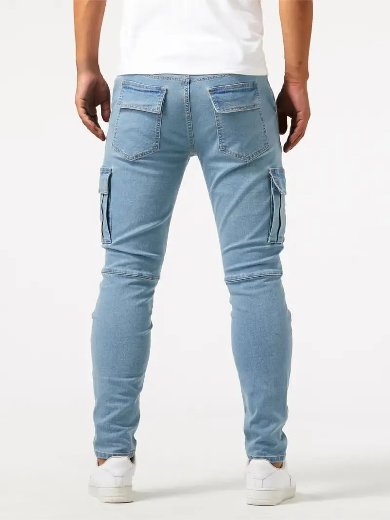 Men's Cargo Jeans Relaxed Fit Stretchy Denim Jeans Lightweight Casual Streetwear Straight Leg Athletic Pants Plain