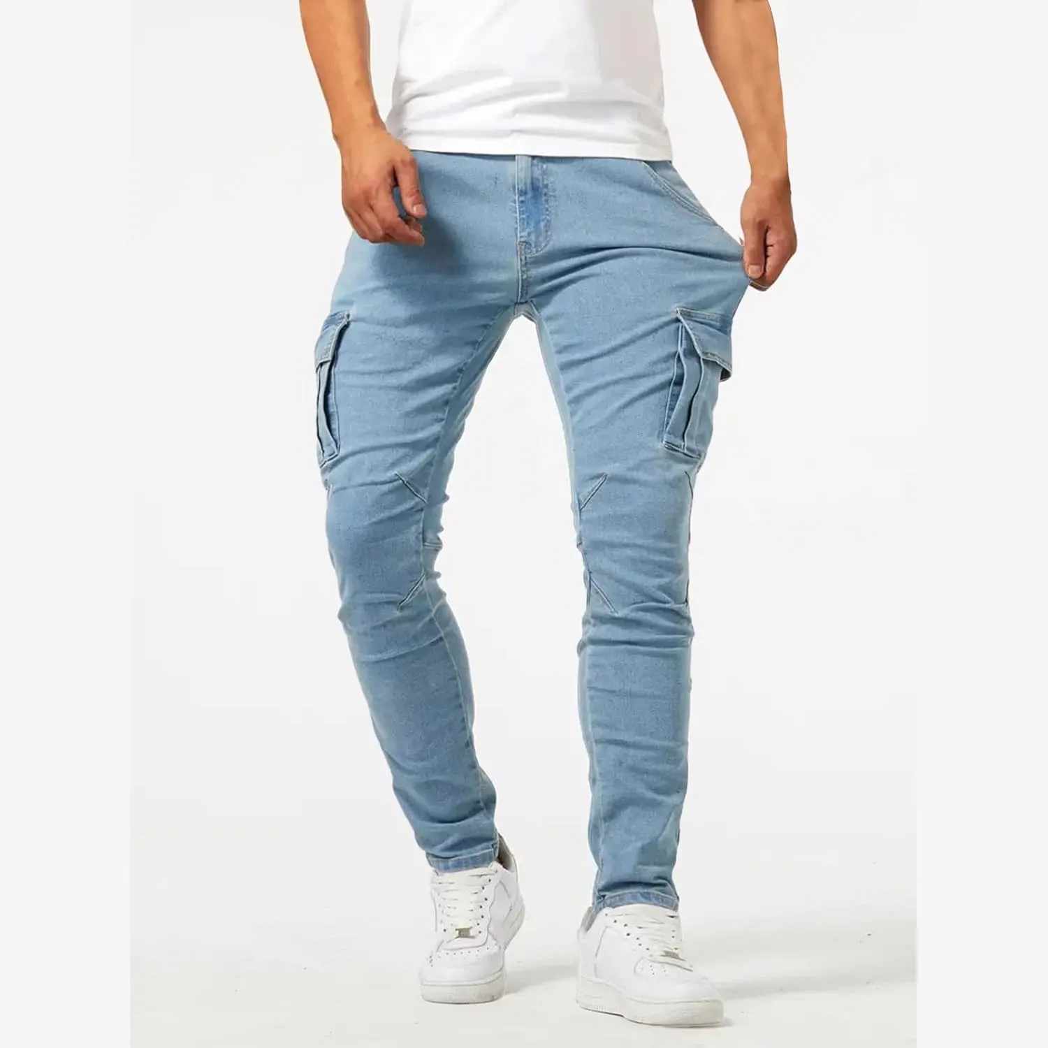 Men's Cargo Jeans Relaxed Fit Stretchy Denim Jeans Lightweight Casual Streetwear Straight Leg Athletic Pants Plain