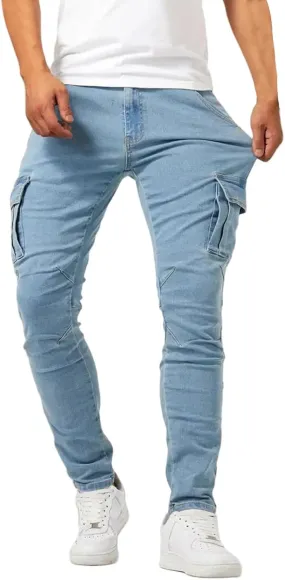 Men's Cargo Jeans Relaxed Fit Stretchy Denim Jeans Lightweight Casual Streetwear Straight Leg Athletic Pants Plain