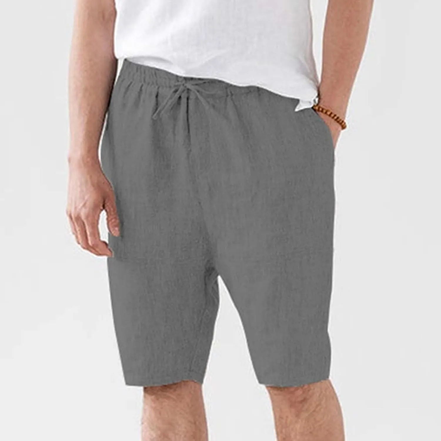 Mens Cotton and Linen Shorts Elastic Drawstring Solid Color Plus Size Casual Loose Pants Lightweight Breathable Beach Capris