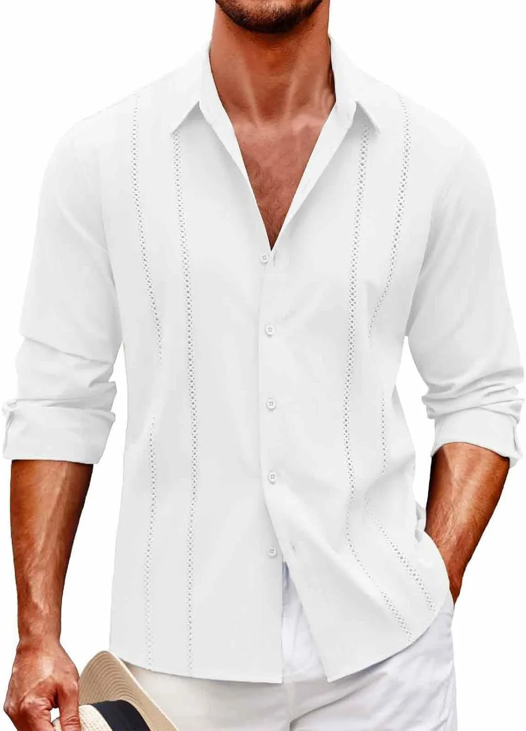 Mens Cuban Guayabera Shirt Casual Long Sleeve Button Down Shirts Solid Lightweight Summer Beach Hippie T Shirt