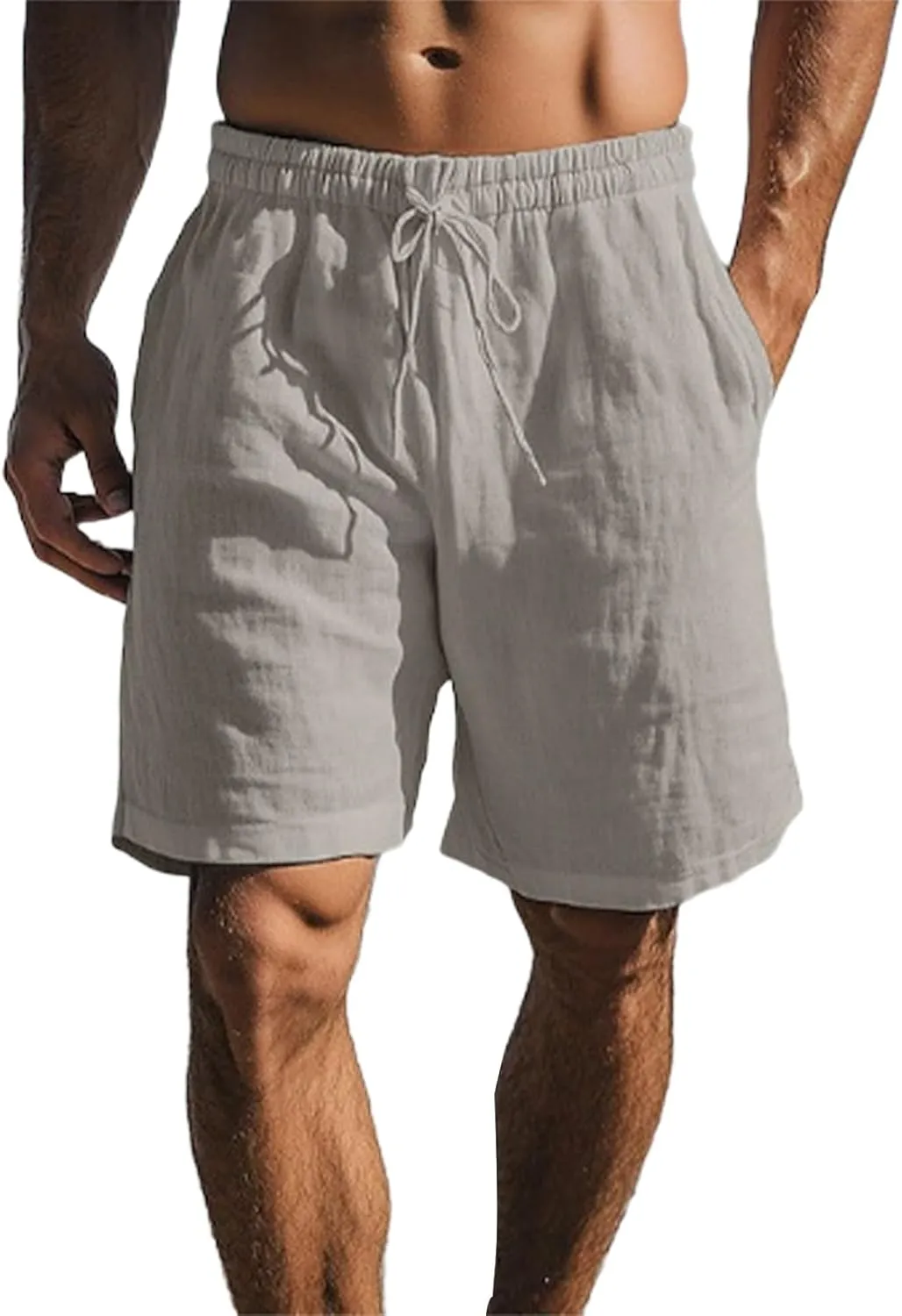 Men's Drawstring Elastic Waist Straight Leg Solid Color Breathable Daily Beach Five Casual Medium Pants Mens Linen Pants