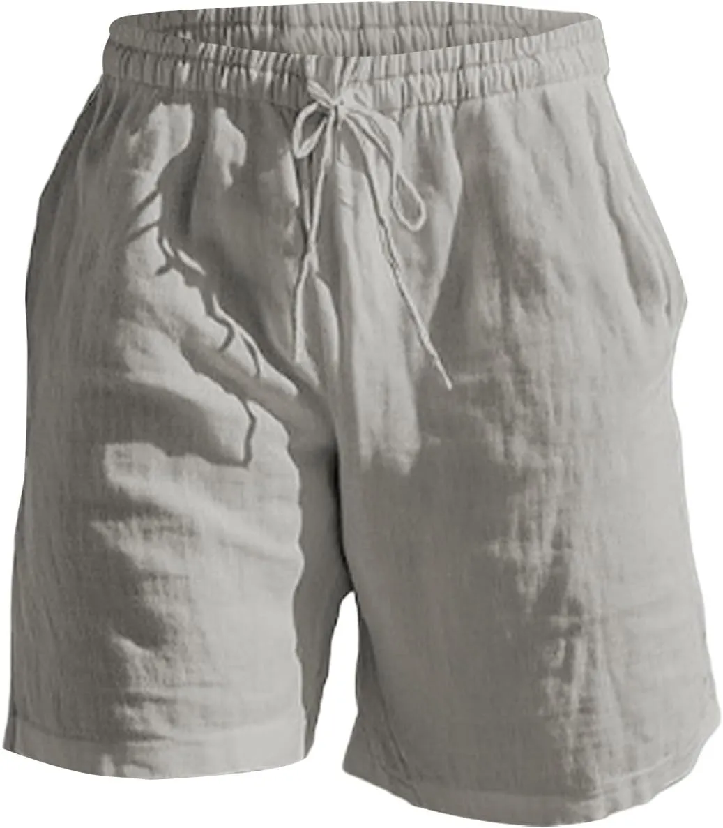 Men's Drawstring Elastic Waist Straight Leg Solid Color Breathable Daily Beach Five Casual Medium Pants Mens Linen Pants